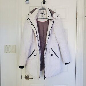 Point Zero White Winter Coat Medium | Cinch Waist Puffer Jacket with Hood